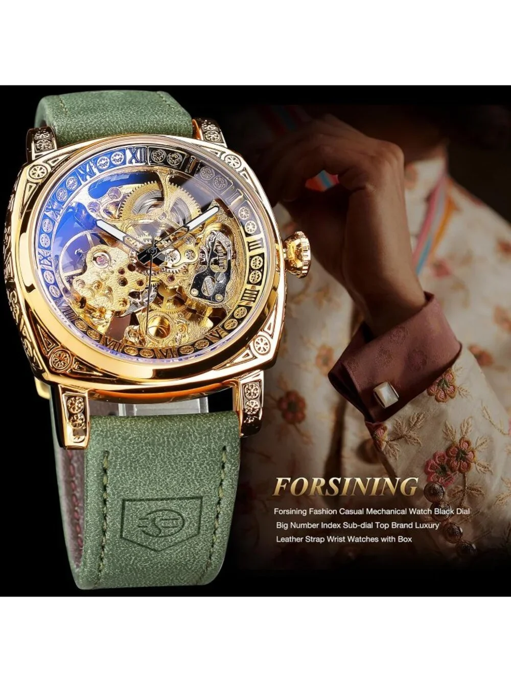 Mens Army Green Square Mechanical Leather Strap Self-Wind Carved Automatic Watch